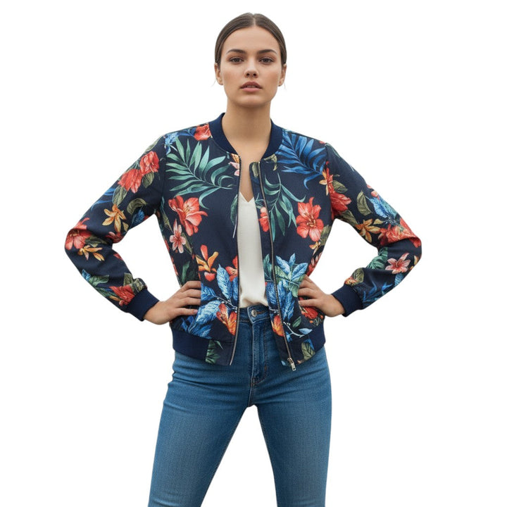 Women's Zip-Up Botanical Print Jacket-Bon Voyage Vintage