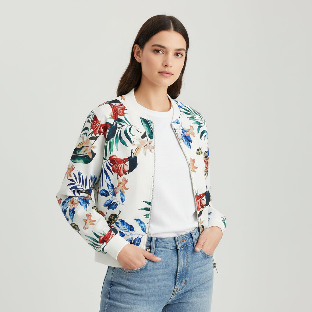 Women's Zip-Up Botanical Print Jacket-Bon Voyage Vintage