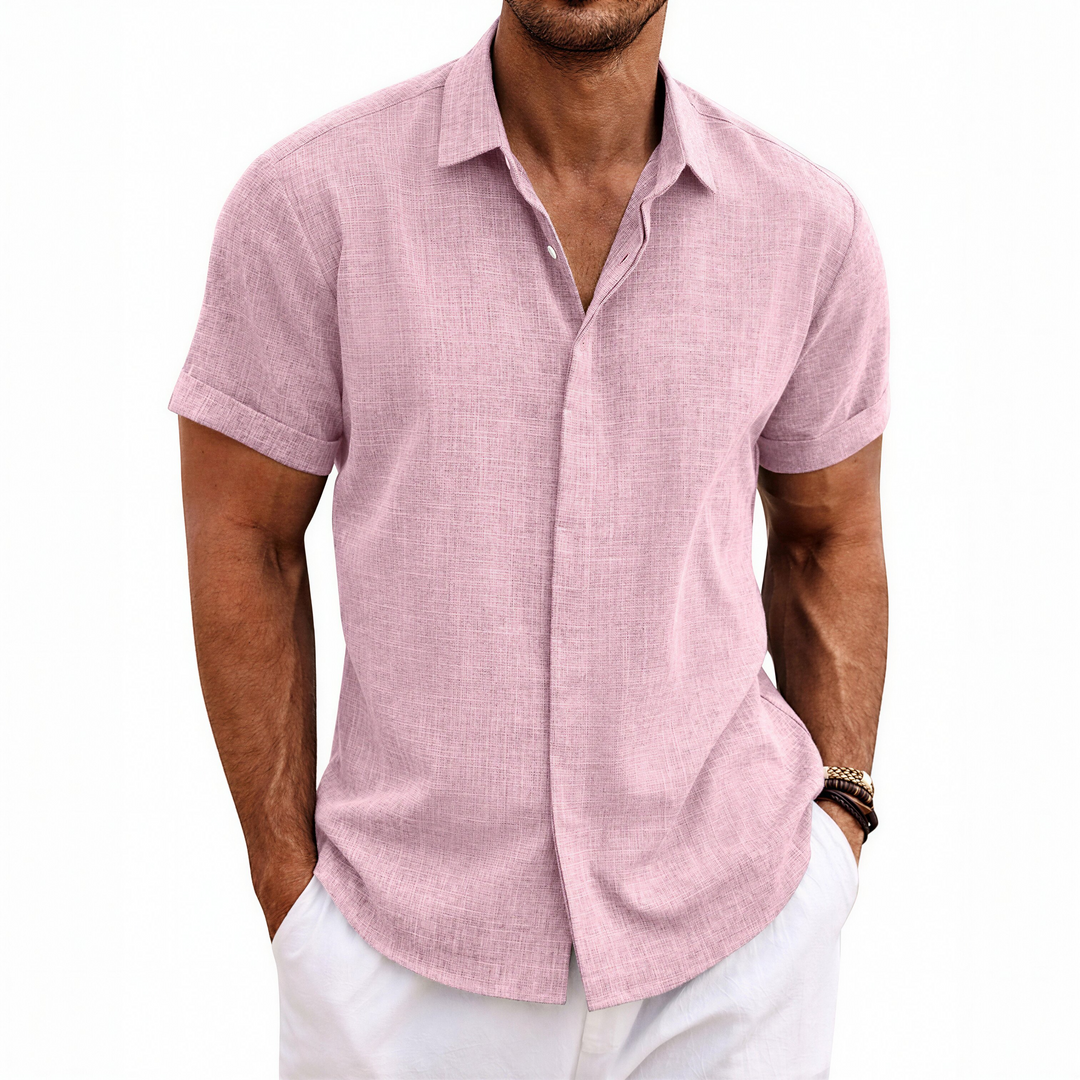 Men's Short Sleeve Linen Button-Up Shirt for Summer