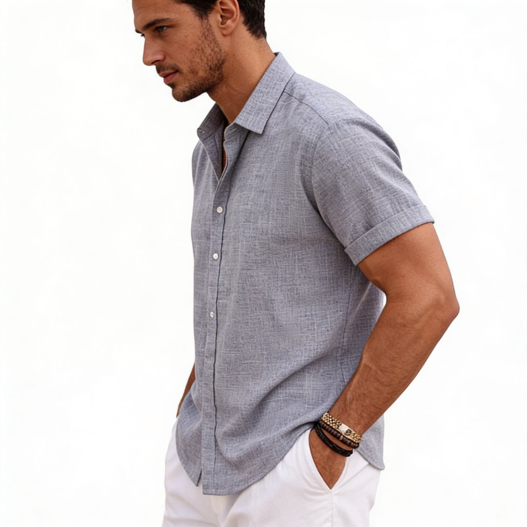Men's Short Sleeve Linen Button-Up Shirt for Summer