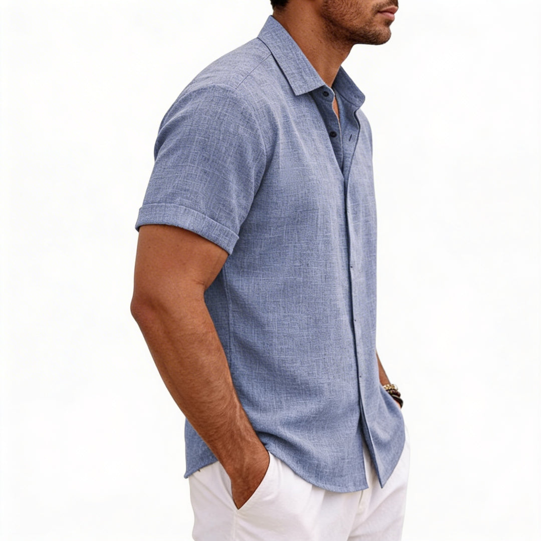 Men's Short Sleeve Linen Button-Up Shirt for Summer