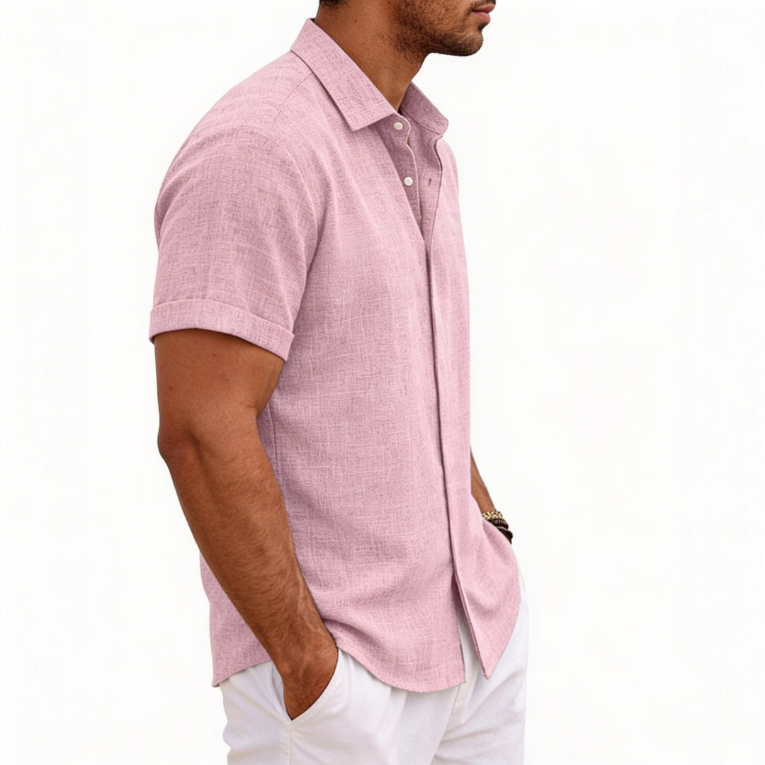 Men's Short Sleeve Linen Button-Up Shirt for Summer