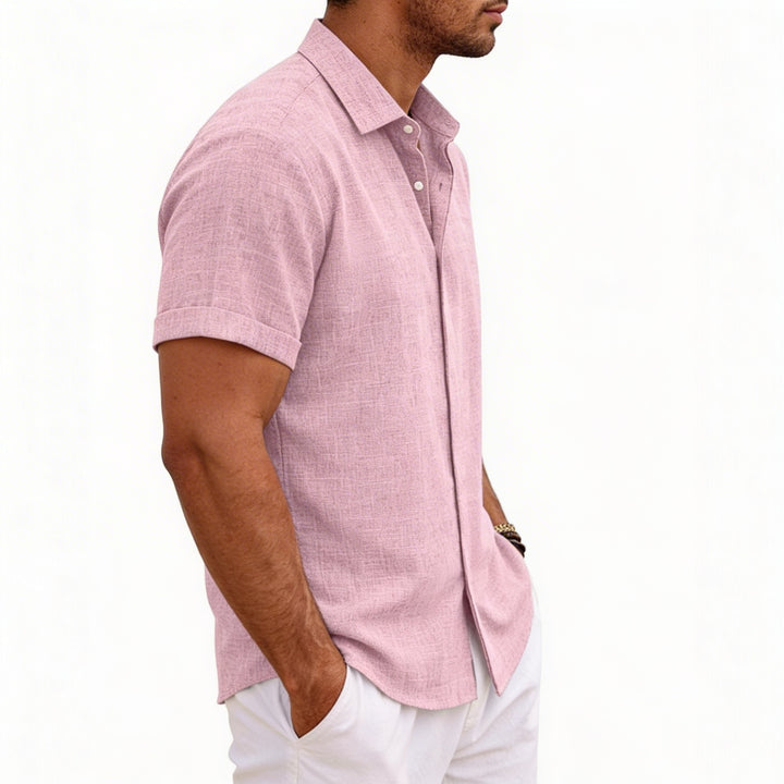 Men's Short Sleeve Linen Button-Up Shirt for Summer