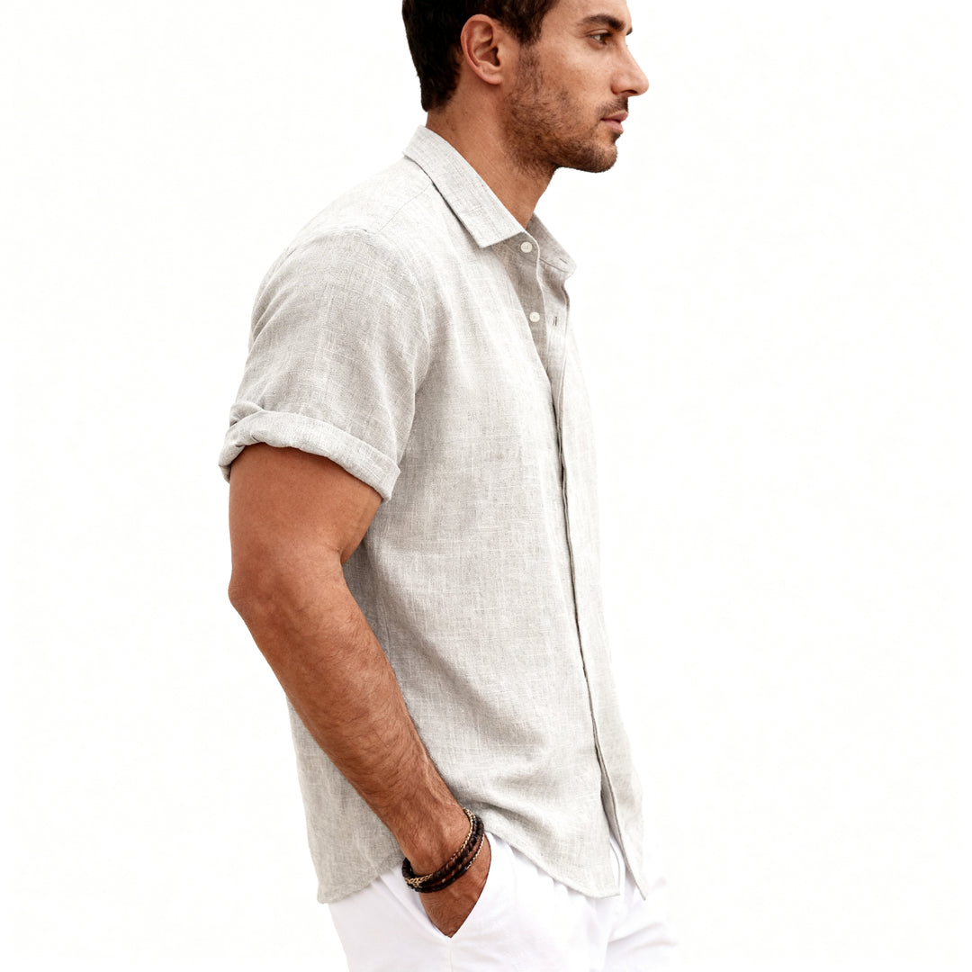 Men's Short Sleeve Linen Button-Up Shirt for Summer