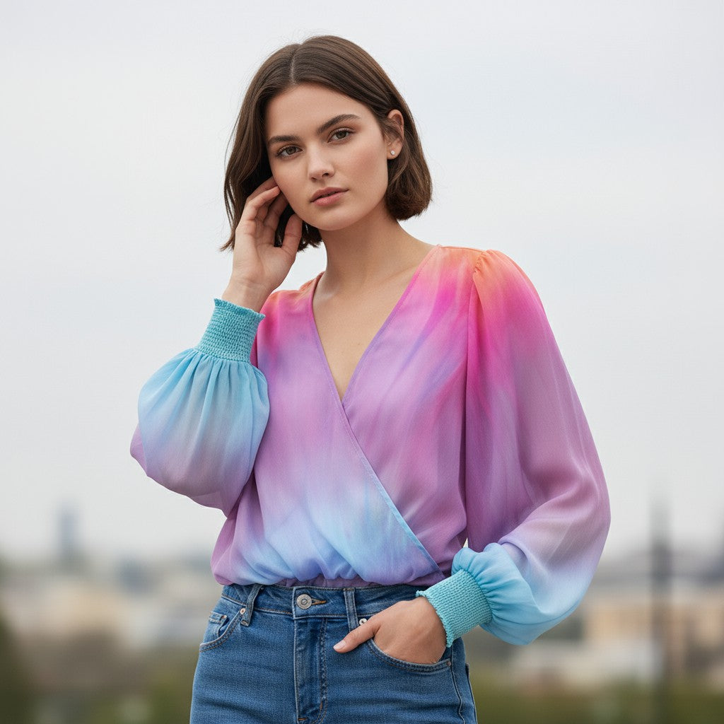 Women's 2025 Gradient V-Neck Blouse